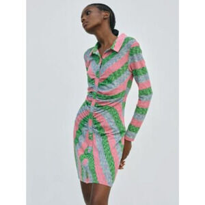 ZARA Women’s Dress Multicolor Striped Collar Long Sleeve Gathered Size Medium